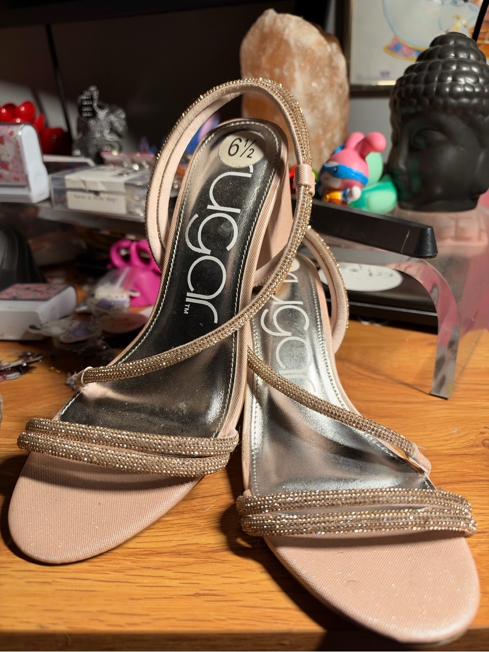Sugar Nude Rhinestone Strap Heels - Pinkish Beige